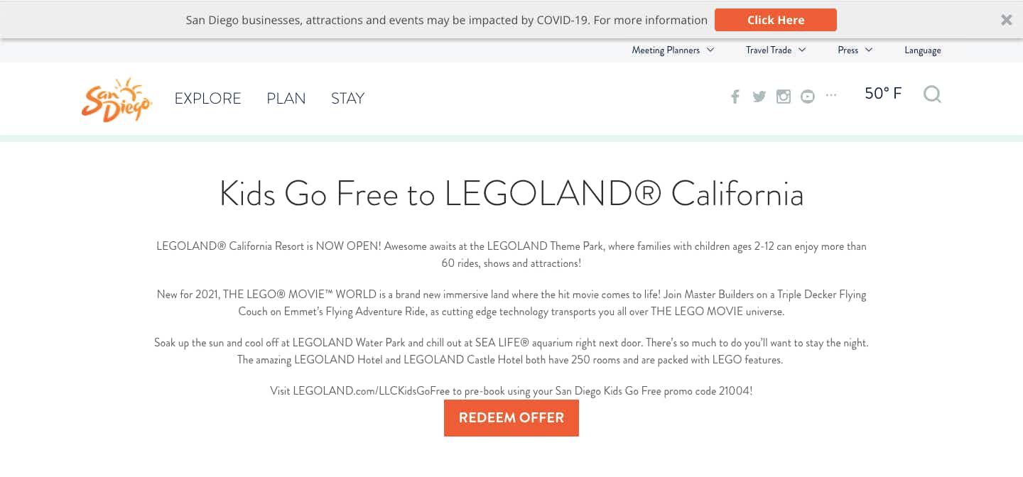 San Diego Kids go free to legoland website