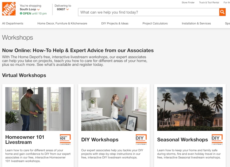 screenshot of Home Depot workshop livestreams