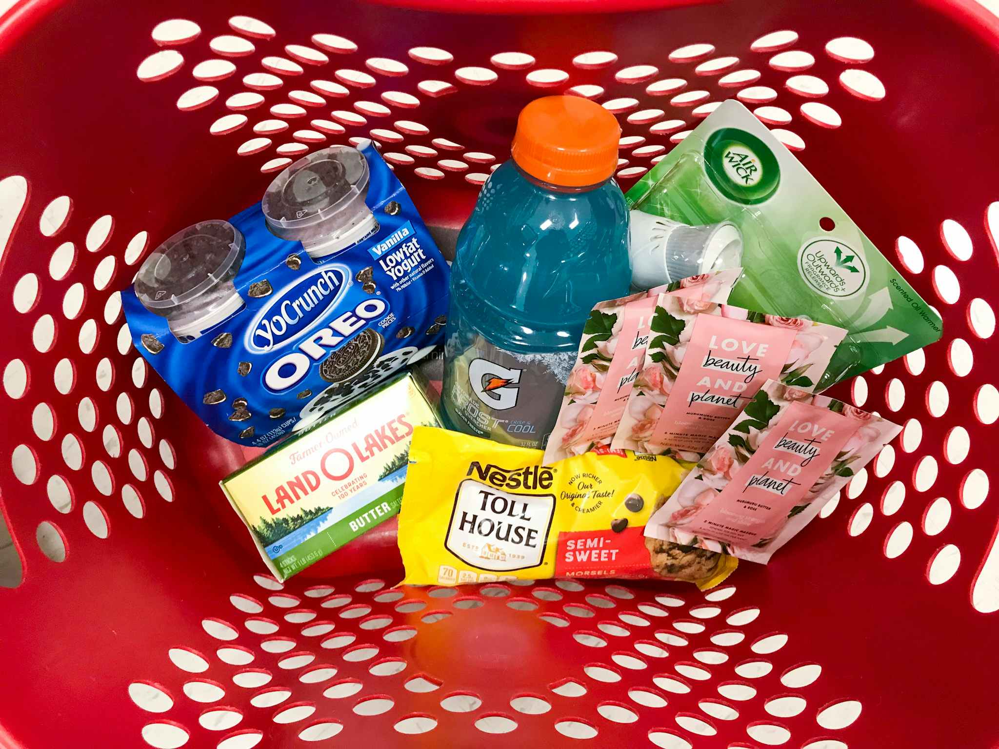 nestle land o lakes gatorade yocrunch air wick and love beauty & planet in a target basket