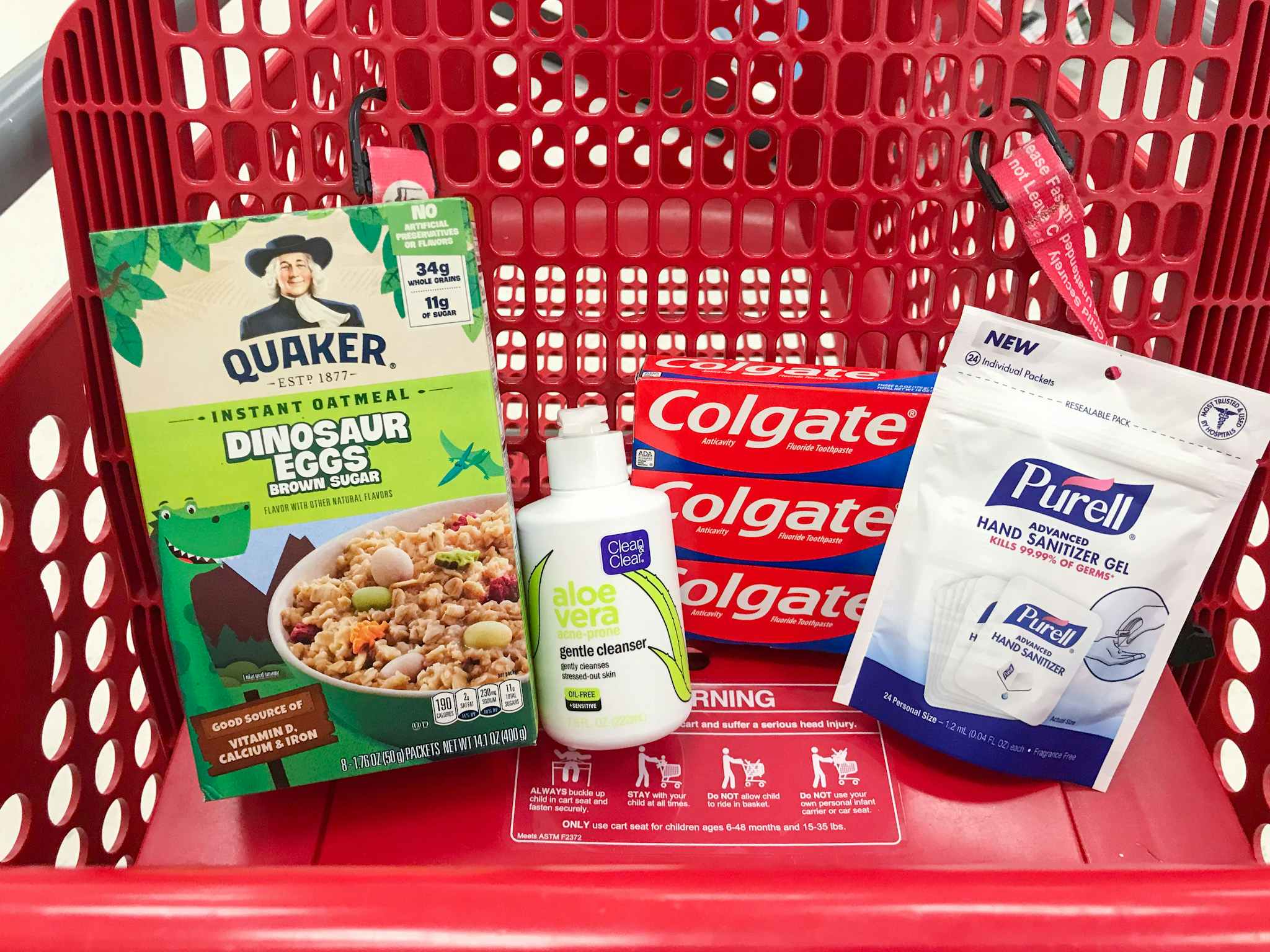 quaker colgate clean & clear purell in a target cart