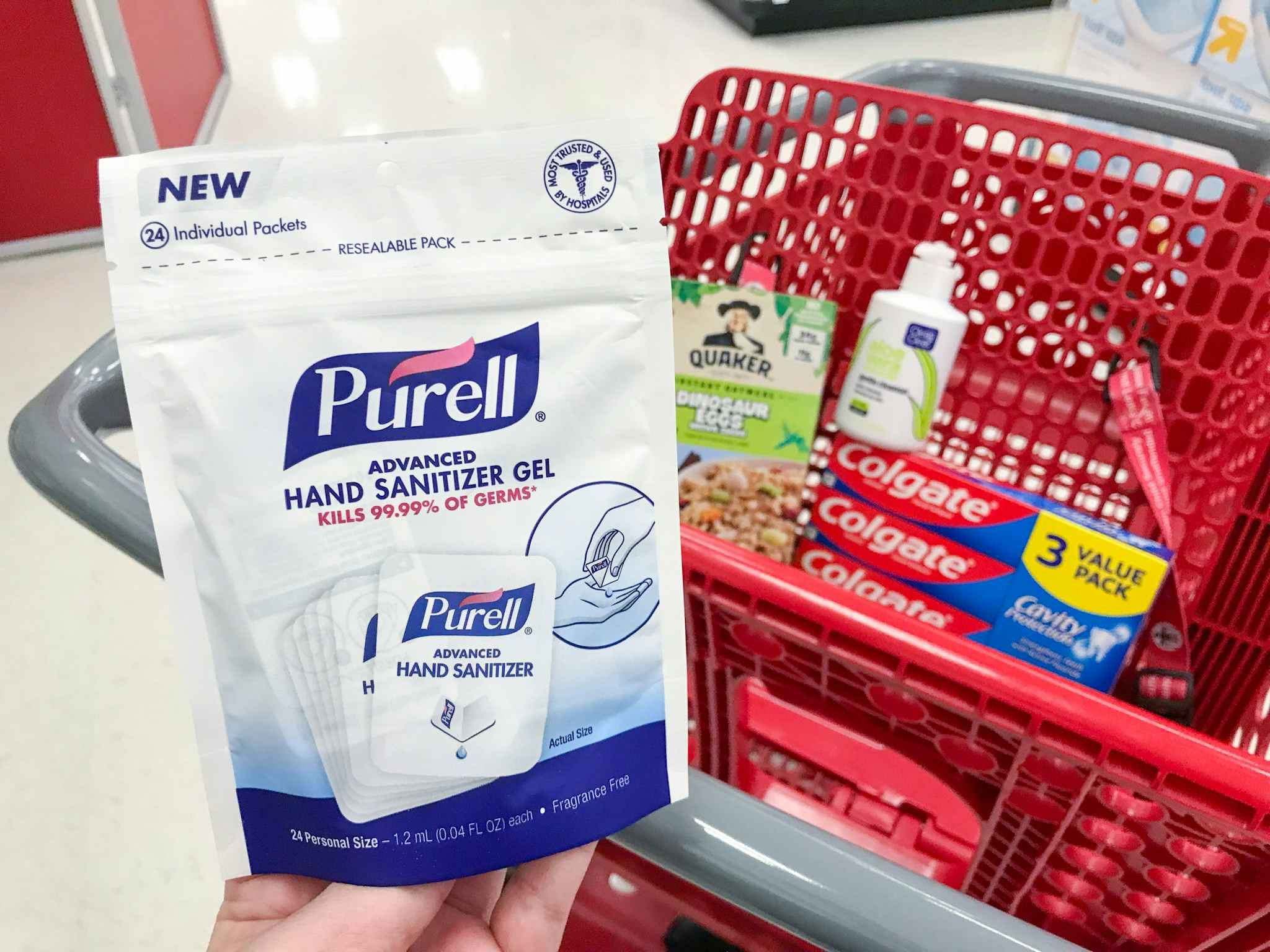 quaker colgate clean & clear purell in a target cart