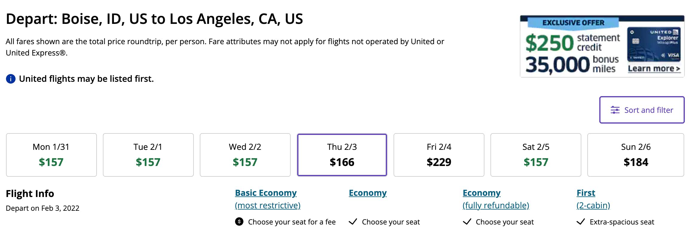 United Airlines booking page with calendar of prices