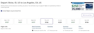 United Airlines booking page with calendar of prices