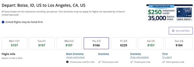 United Airlines booking page with calendar of prices