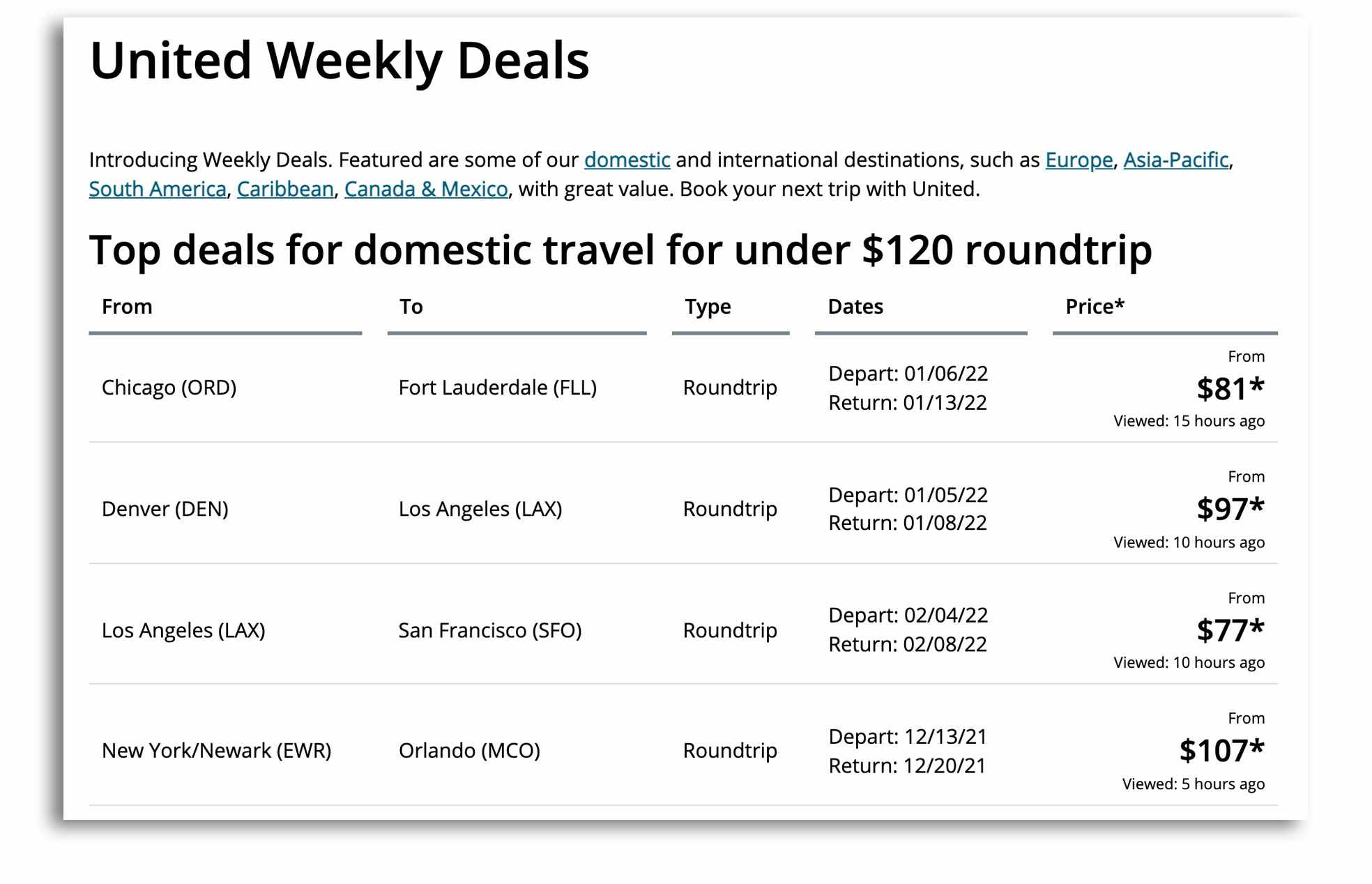 United Airlines weekly deals page