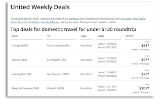 United Airlines weekly deals page