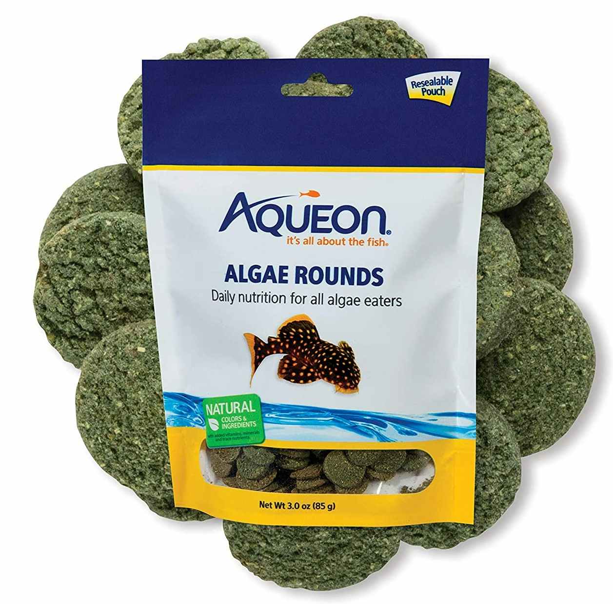 A bag of Aqueon algae fish food.