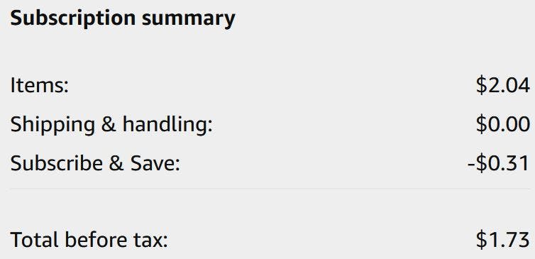 An Amazon subscription summary ending in $1.73.