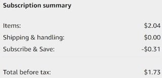 An Amazon subscription summary ending in $1.73.