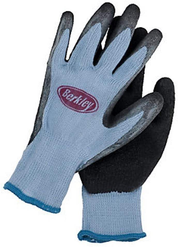 A blue and black pair of Berkley fishing gloves.