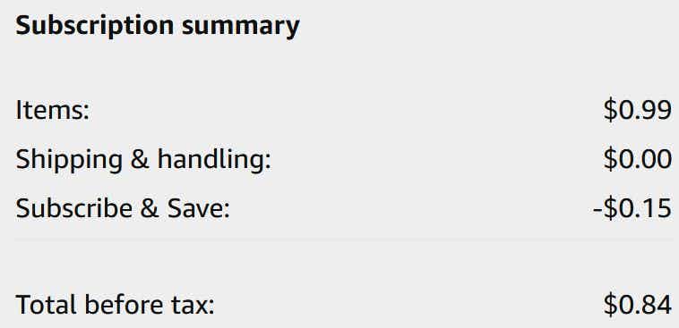 An Amazon subscription summary ending in $0.84.