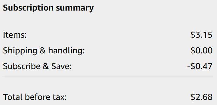 An Amazon subscription summary ending in $2.68.
