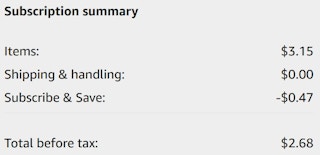 An Amazon subscription summary ending in $2.68.