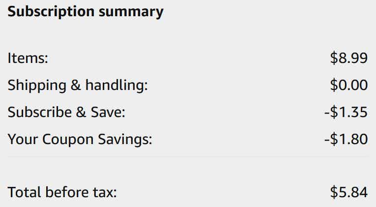 An Amazon subscription summary ending in $5.84.