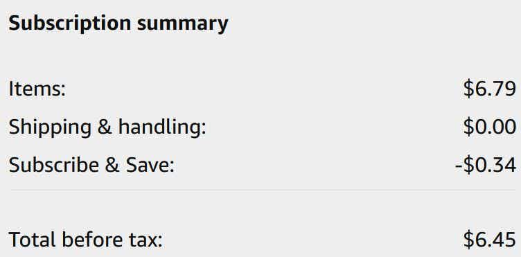 An Amazon subscription summary ending in $6.45.
