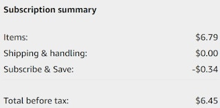 An Amazon subscription summary ending in $6.45.