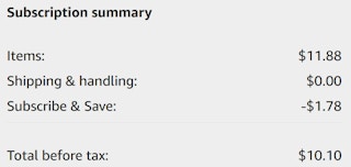 An Amazon subscription summary ending in $10.10.