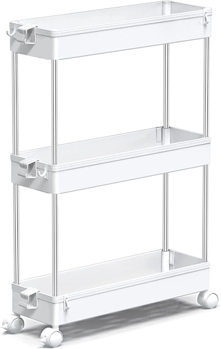 A three-tier rolling storage cart.