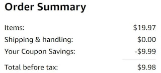 An Amazon order summary ending in $9.98.