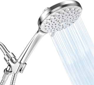 A handheld showerhead with water flowing.