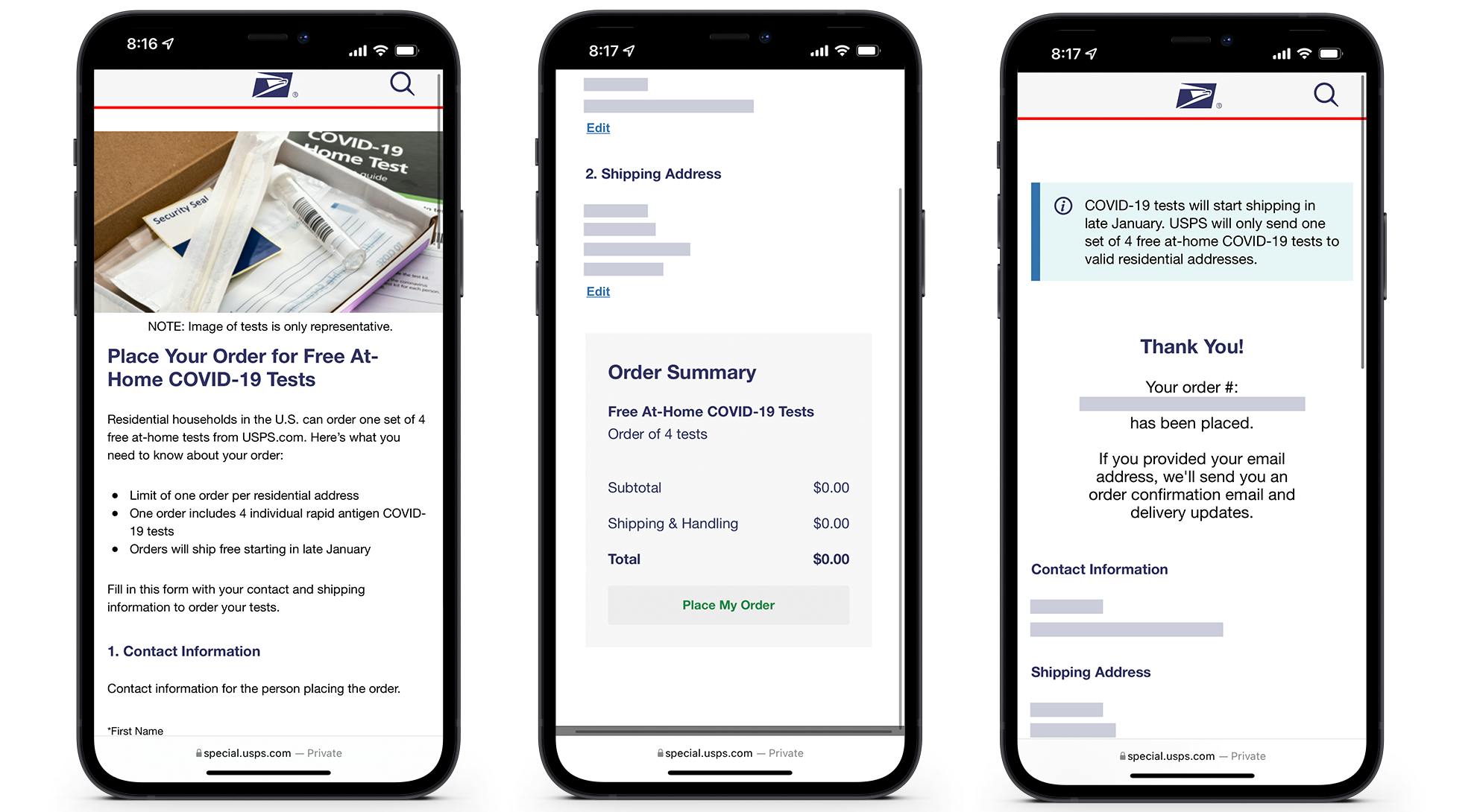 A graphic of three cell phones displaying the process of ordering free COVID-19 at-home tests on the USPS website.