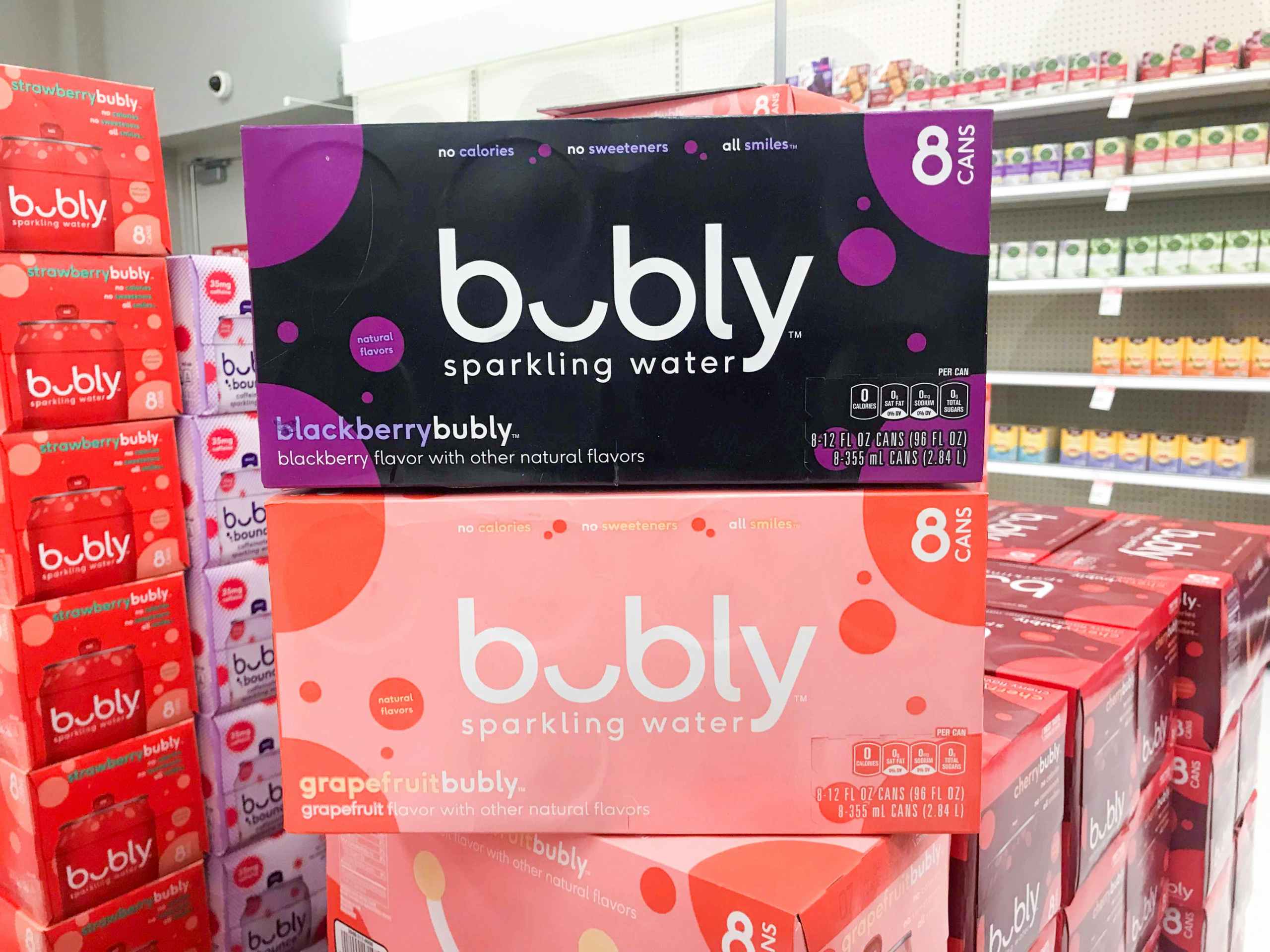 bubly sparkling water packs stacked on display at target