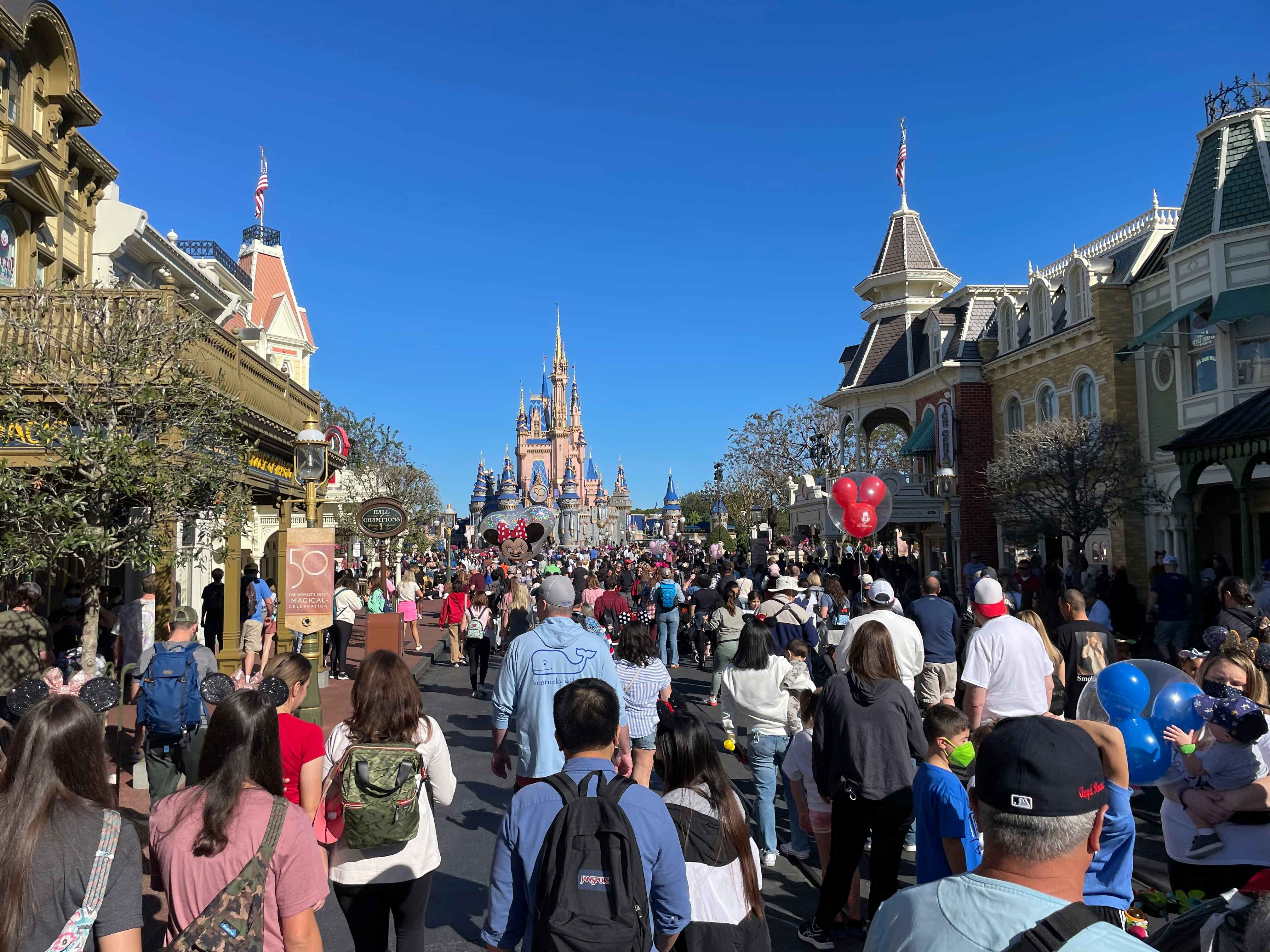 Crowded Main Street at Walt Disney World's Magic Kingdom
