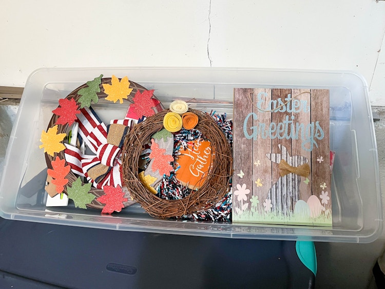 seasonal decorations in garage storage box