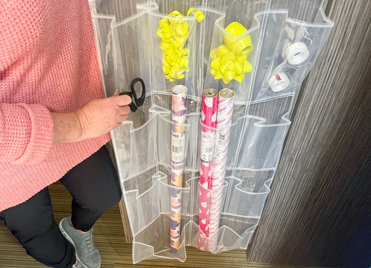 shoe organizer ued as a wrapping station