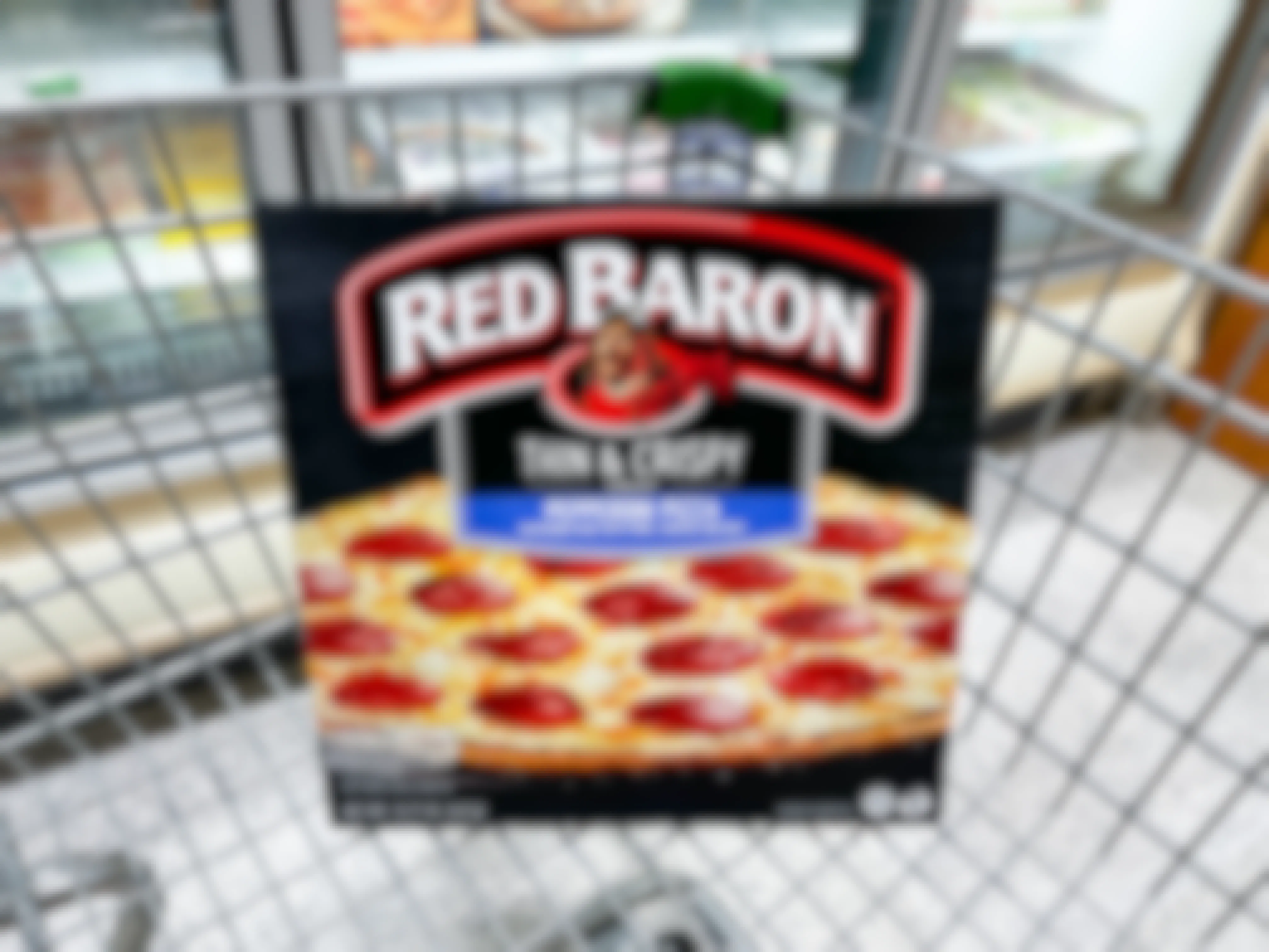 a red baron pizza in a cart