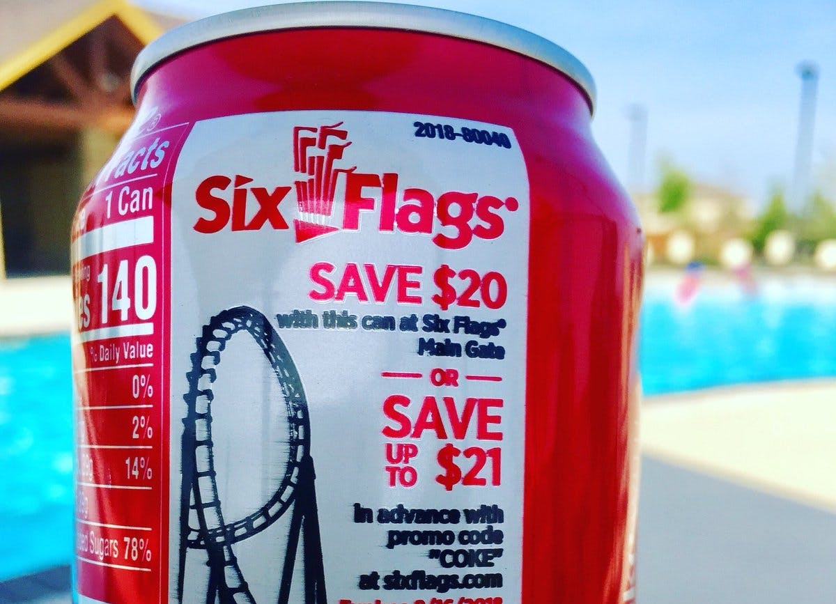 Coca-Cola can with Six Flags coupon on it