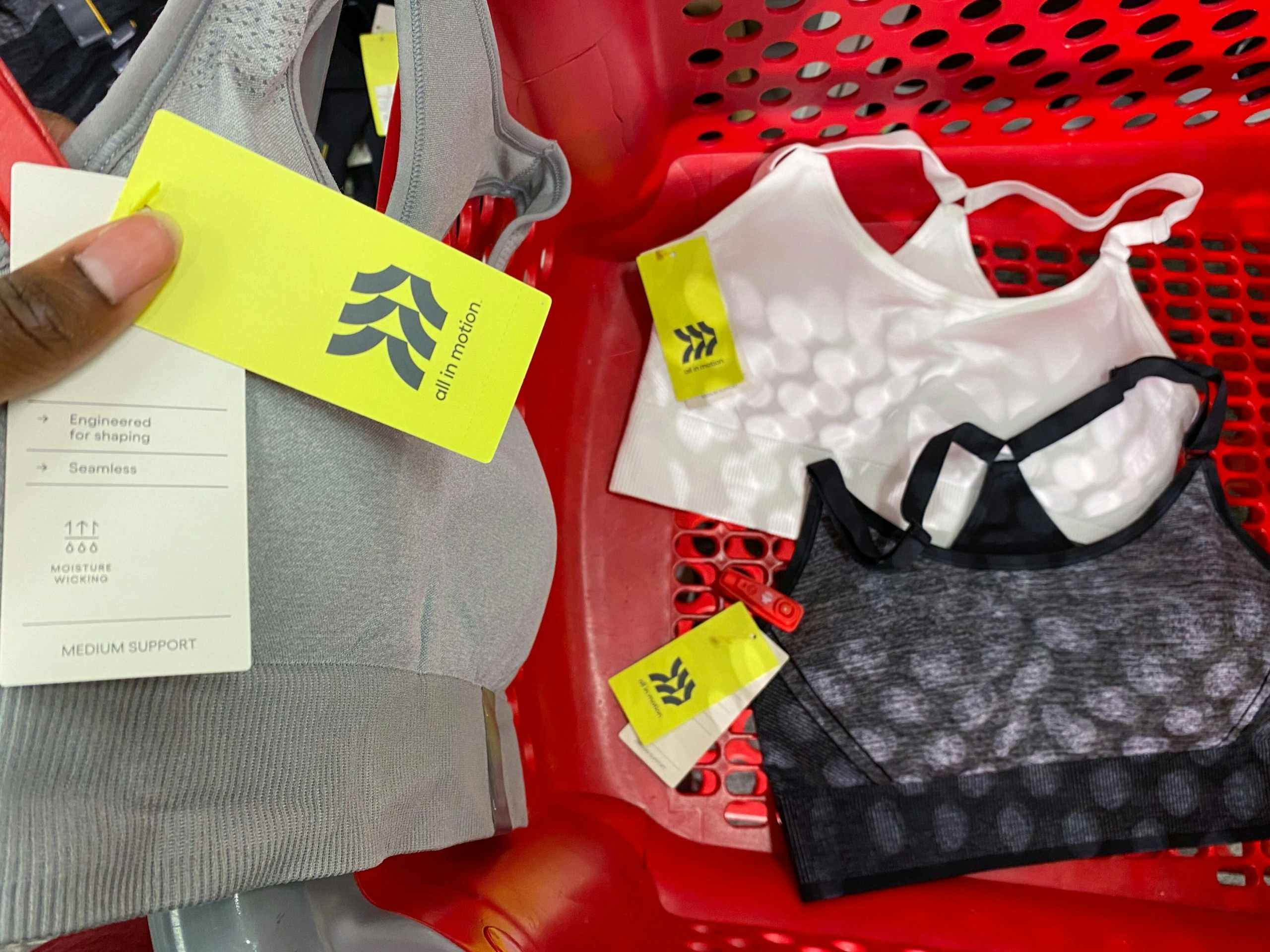 target all in motion sports bra hand holding