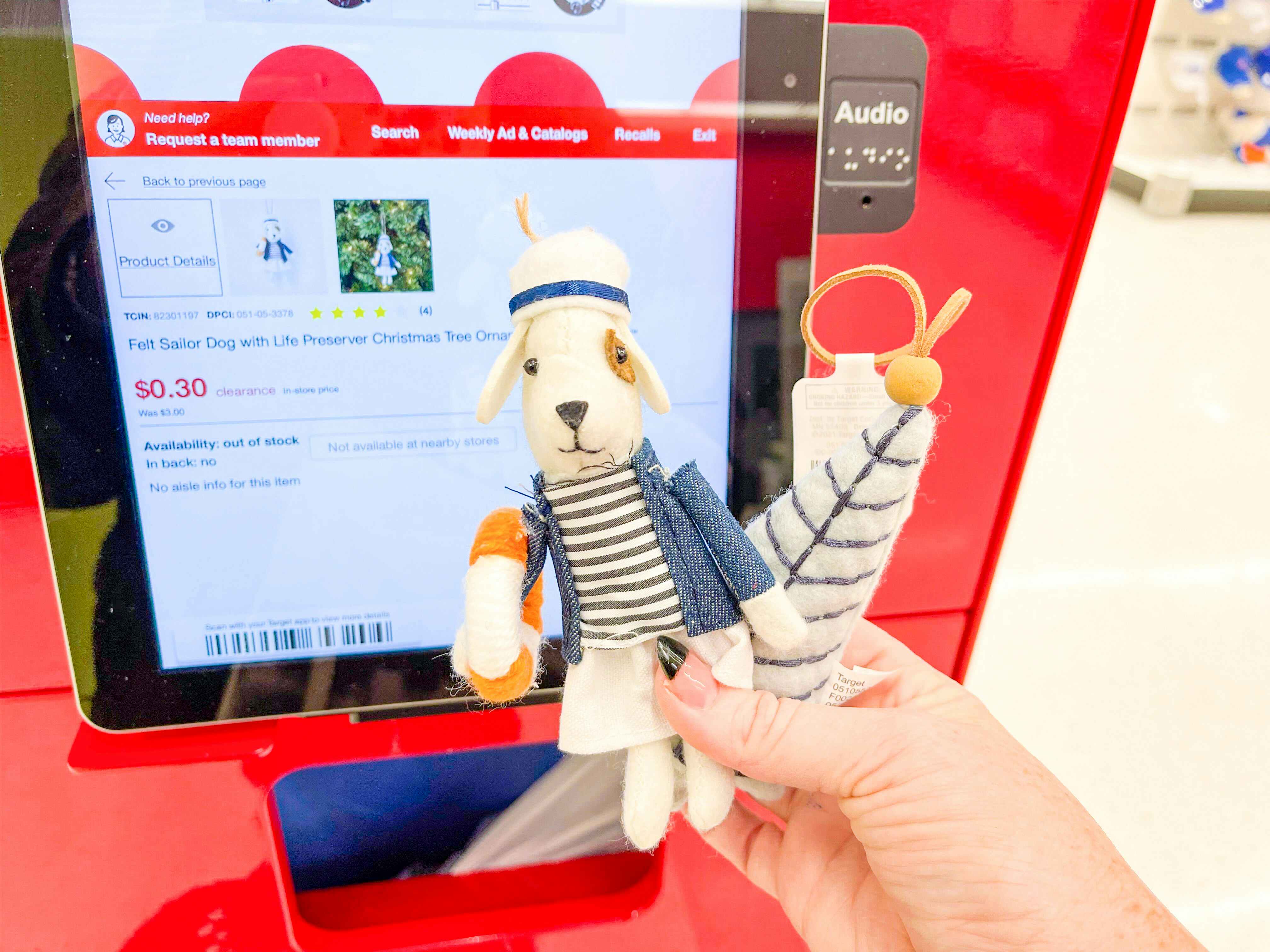 target felt sailor dog and tree ornament hand holding