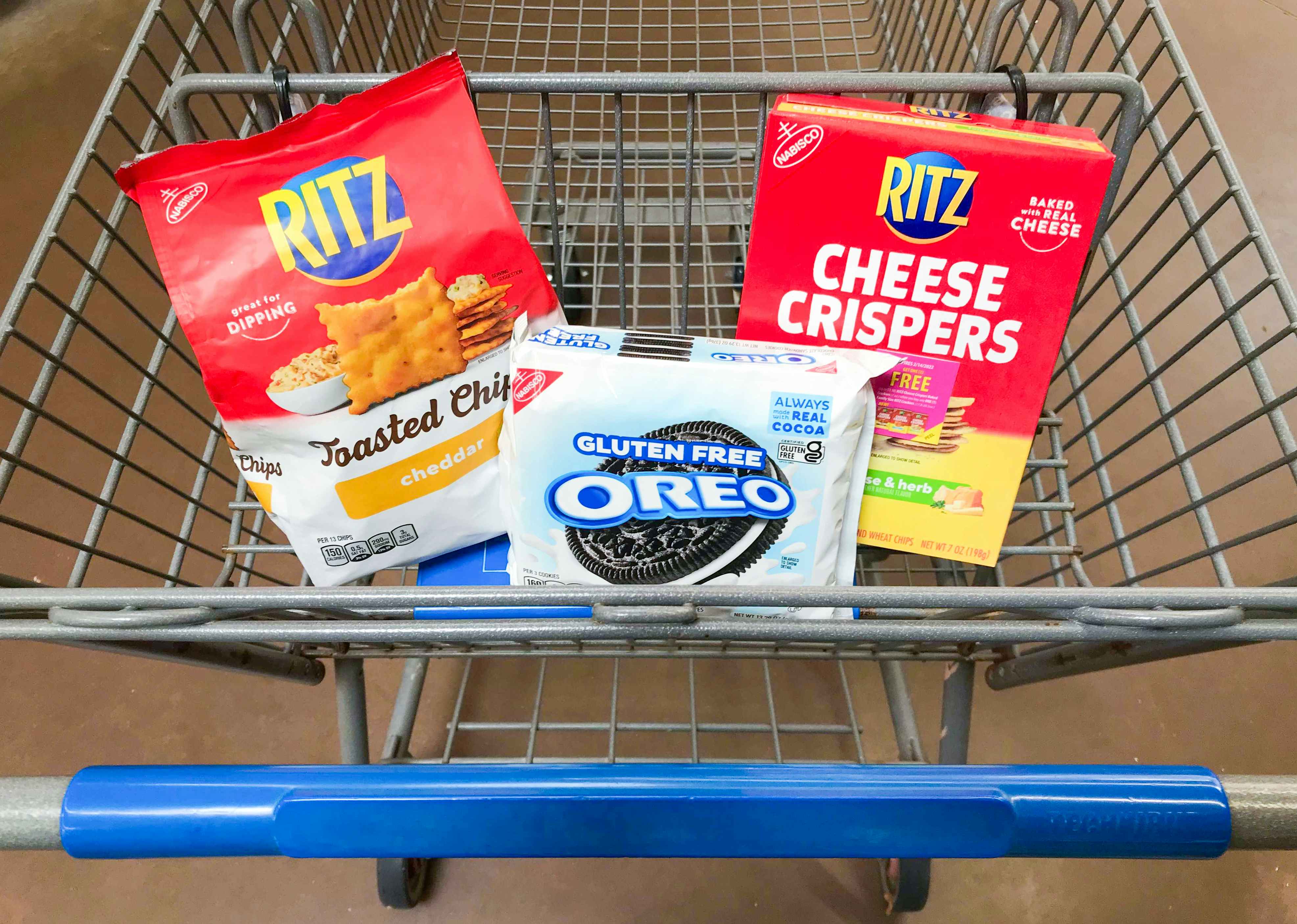 Nabisco Ritz and Oreo products in Walmart shopping cart