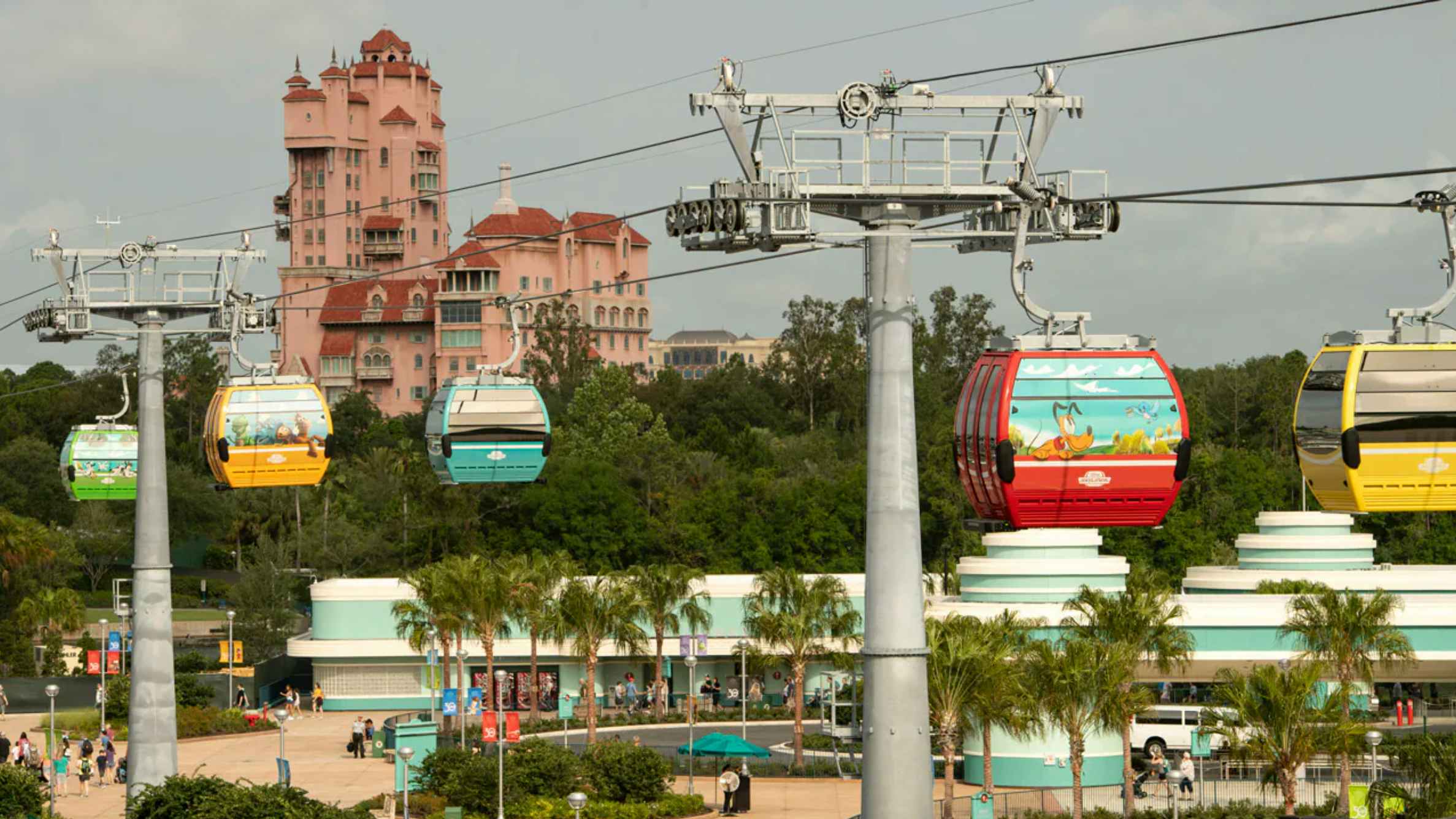 Walt Disney World Disney Skyliner gondola with Tower of Terror in the background