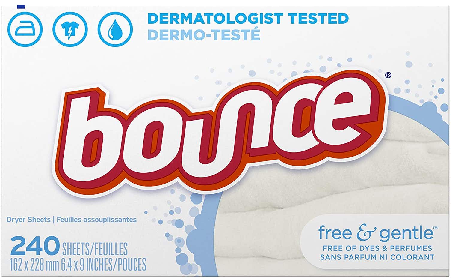 A box of Bounce free and gentle dryer sheets.