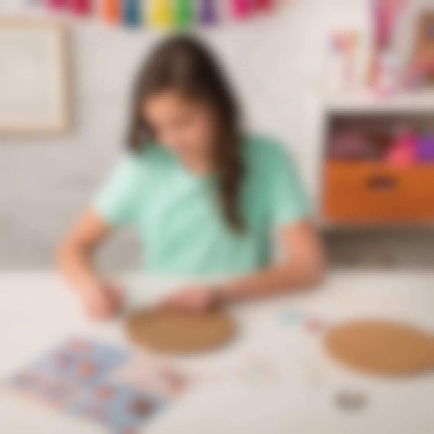 A girl doing crafts at a table with cork board circles