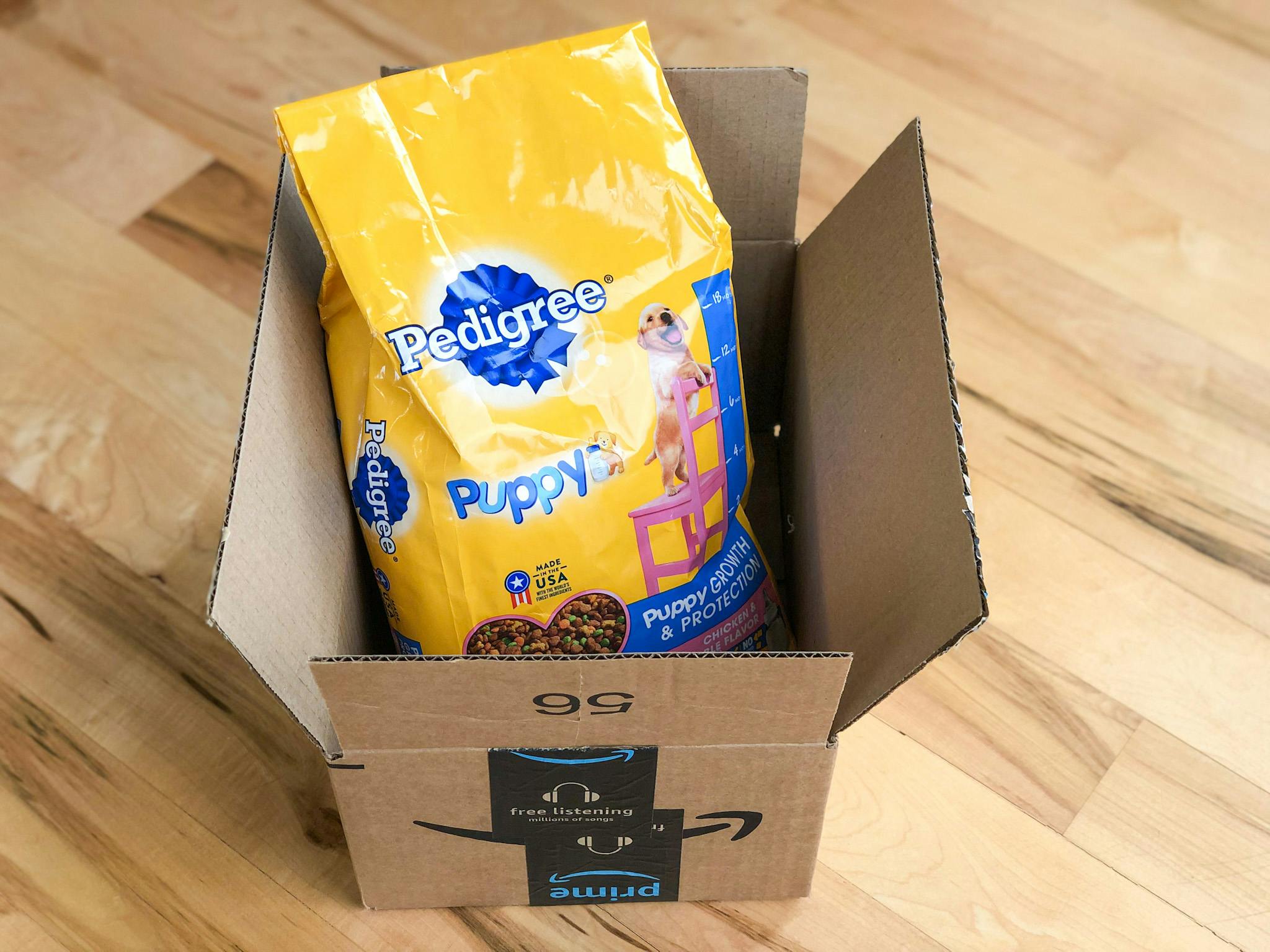 pedigree puppy dog food in a amazon box