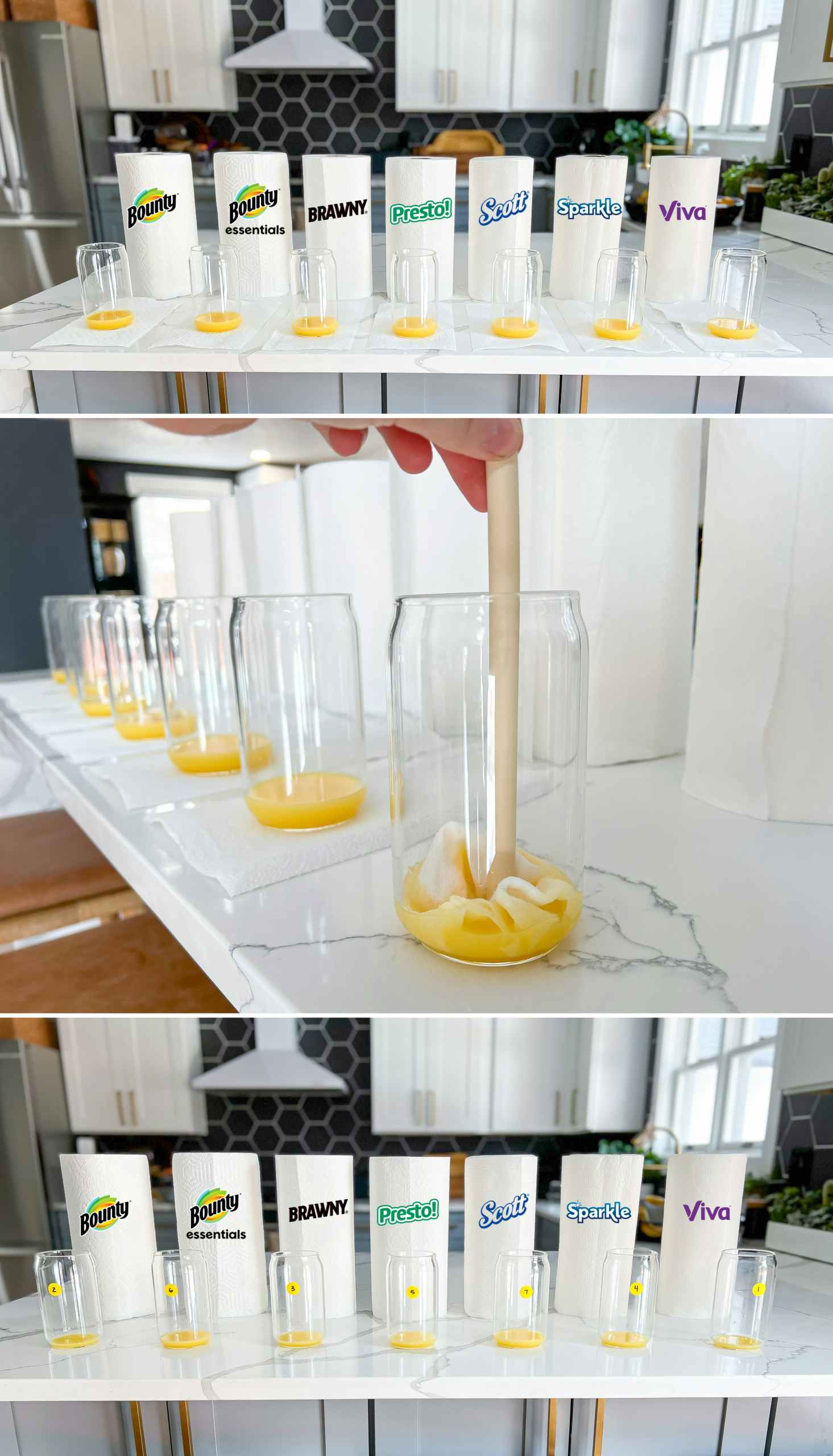 paper towels being put into cups of orange juice