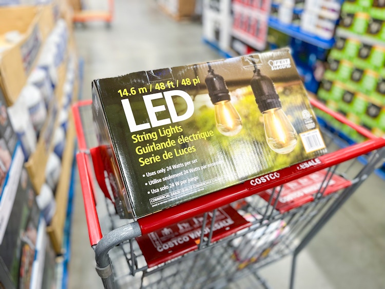 a shopping cart with one box of outdoor string lights