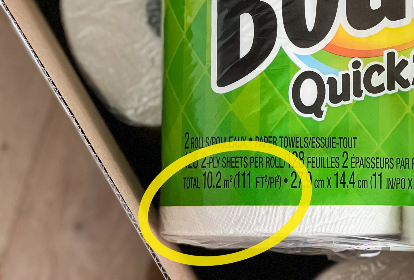close up on bounty paper towel package with total 10.2m2 (111 Ft2/Pl2) circled