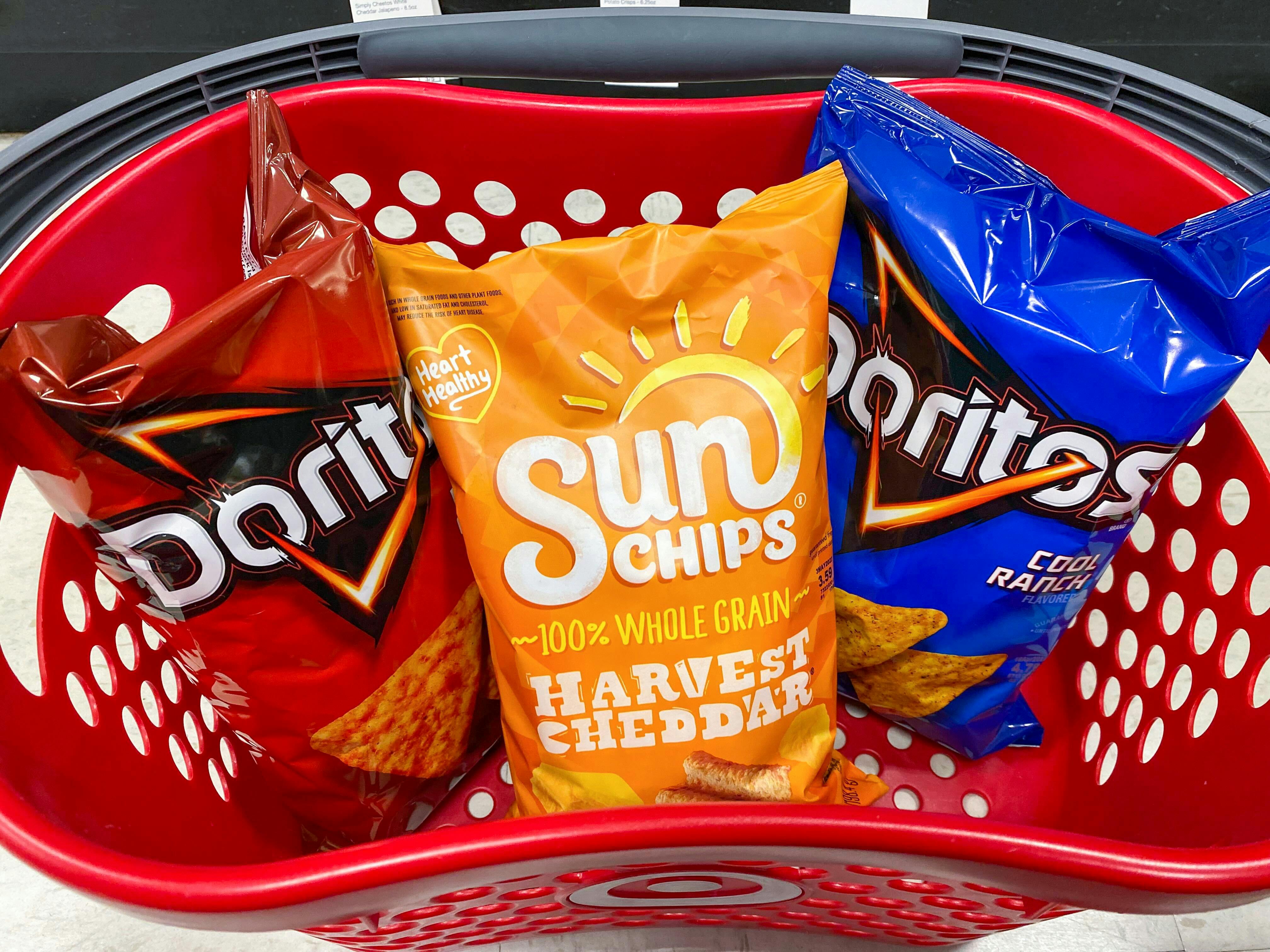 Doritos and Sun Chips in a Target basket