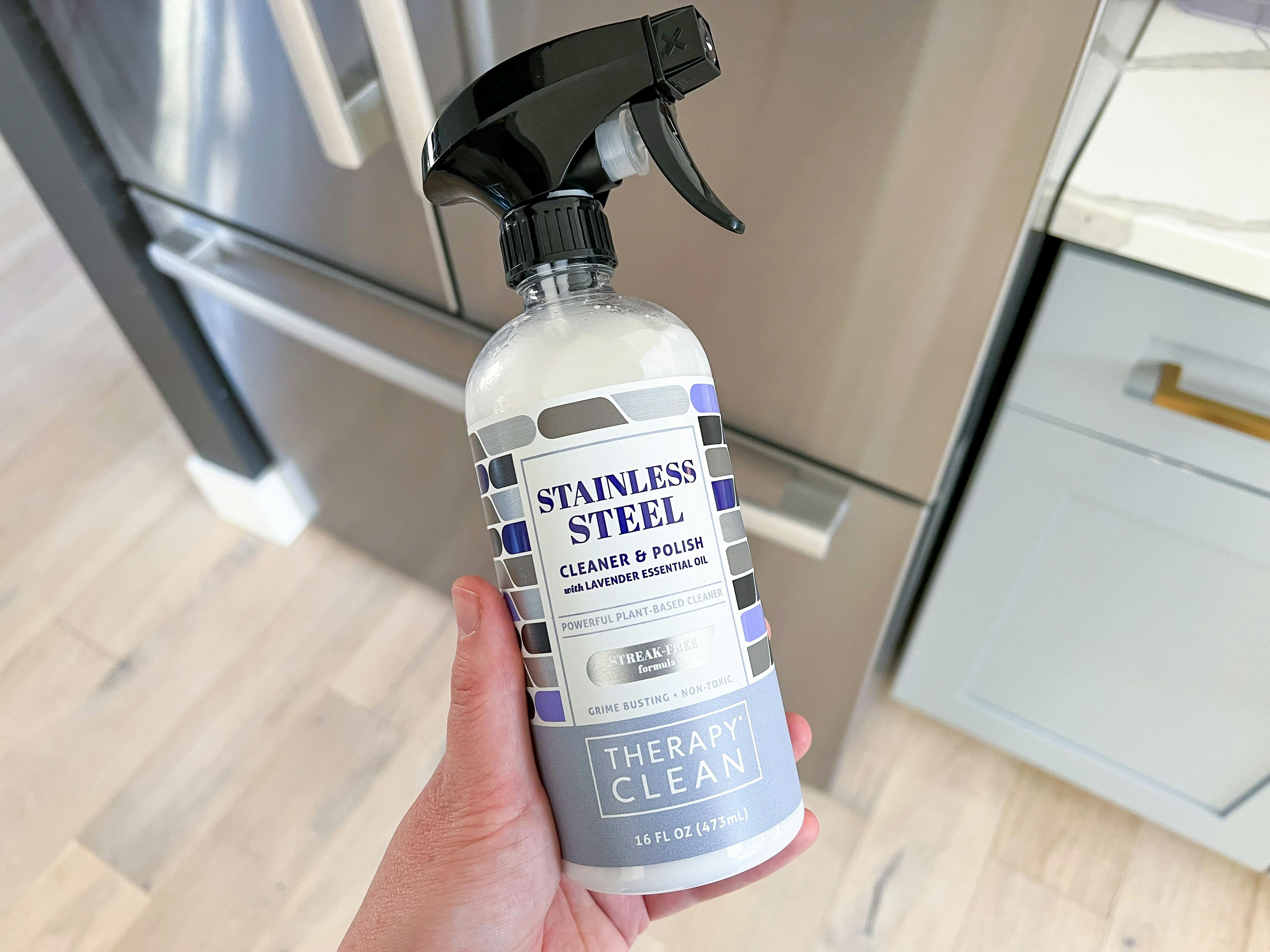 someone holding therapy stainless steel cleaner