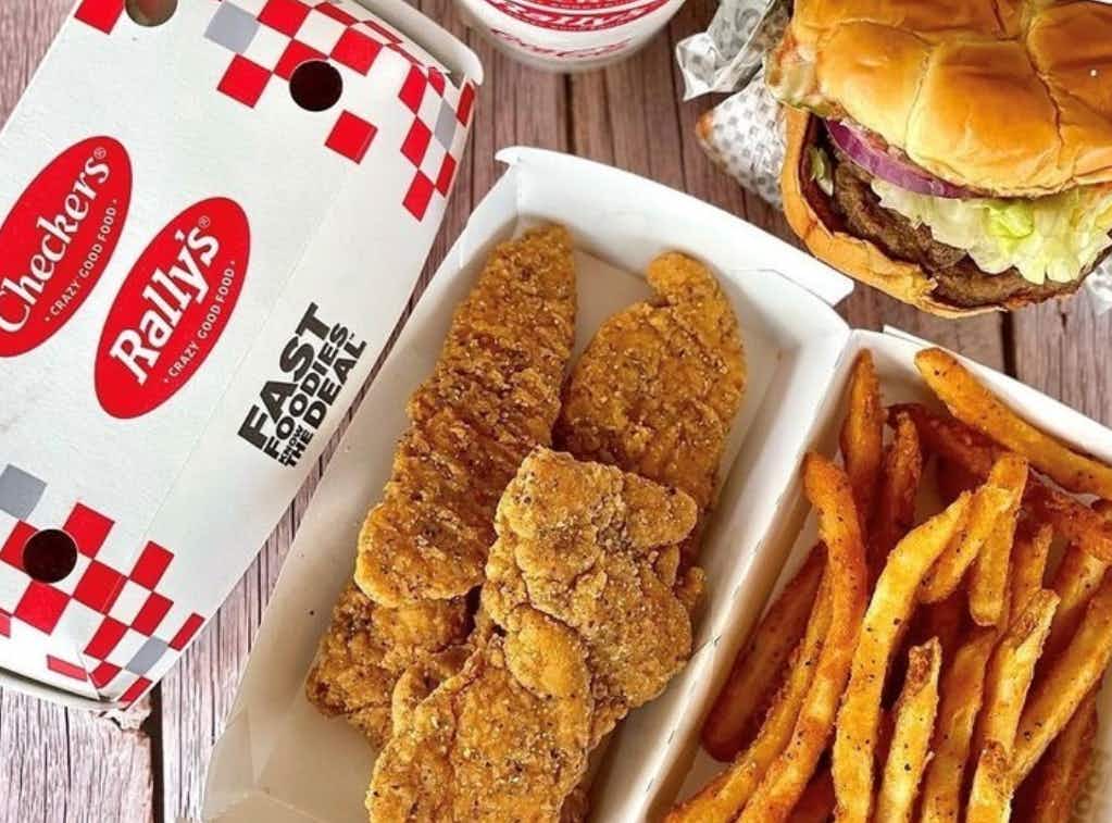 Checkers instagram page where they are promoting their food. Nuggets, fries, and burger are in the photo side by side.