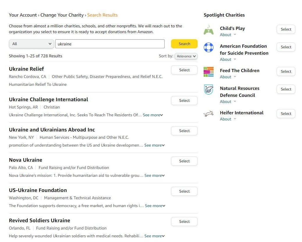 Amazon Smile list of Ukrainian charities