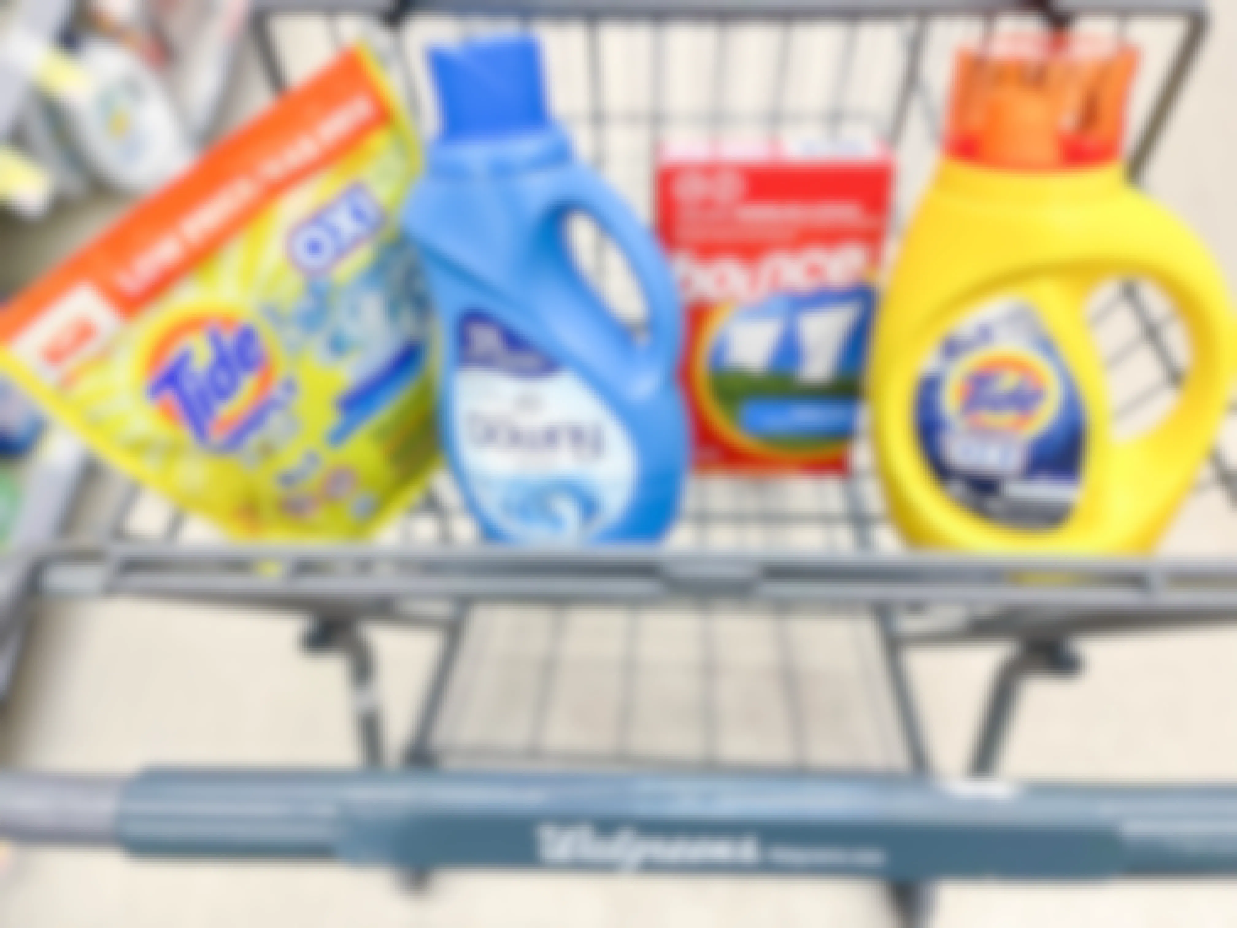 tide simply, bounce, and downy inside cart