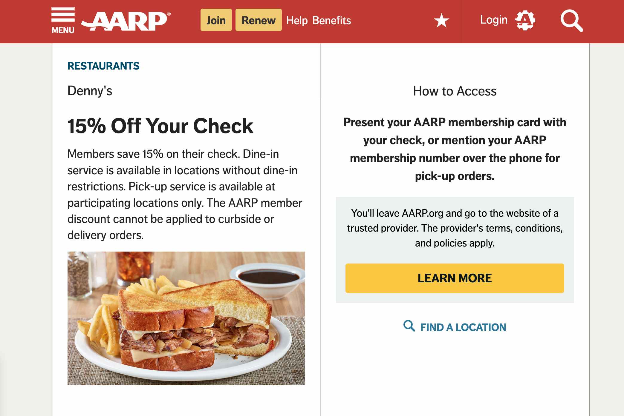 A screenshot from the AARP website showing a discount for 15% off at Denny's.
