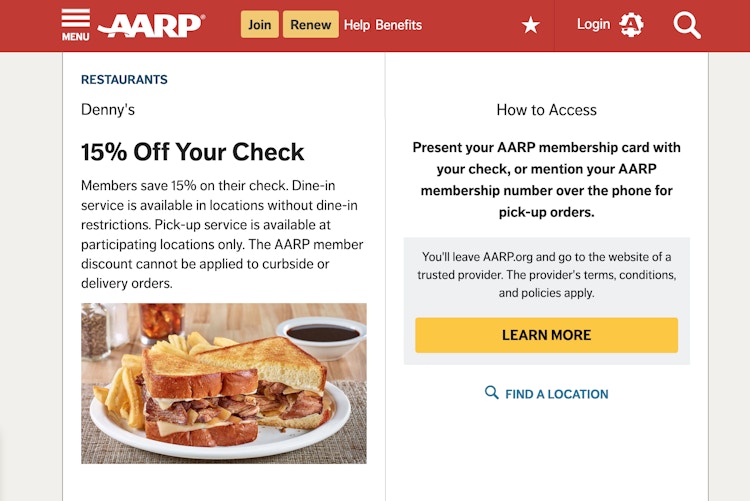 A screenshot from the AARP website showing a discount for 15% off at Denny's.