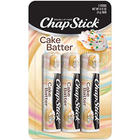 A pack of three ChapStick lip balms in cake batter flavor.