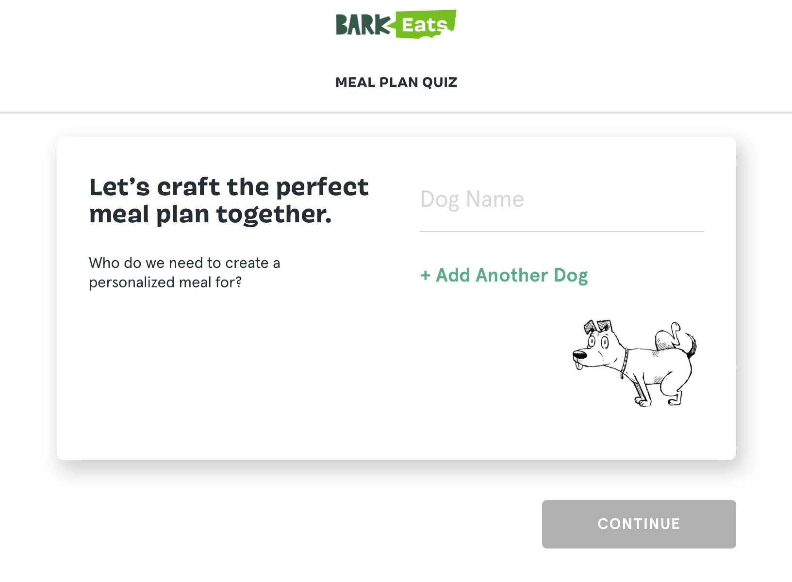 A screenshot from the Bark Eats website's Meal Plan Quiz page. The quiz reads, 